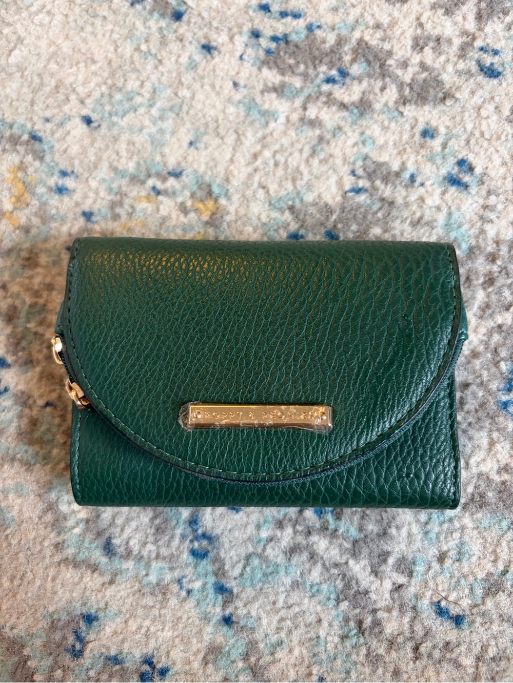 Poppy and Peonies Green Leather Compact Wallet with Gold Accent
